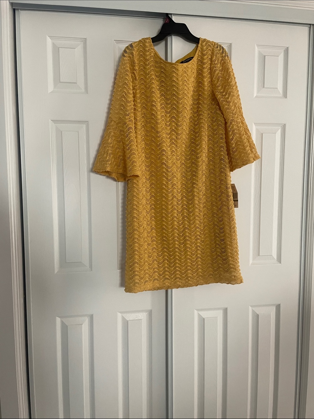 Sharagano Mustard Lace Mini Dress with Bell Sleeves